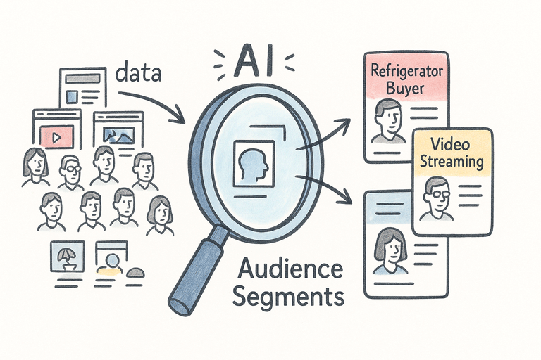 Hand-drawn style minimalist diagram representing AI user segmentation flow and categorization